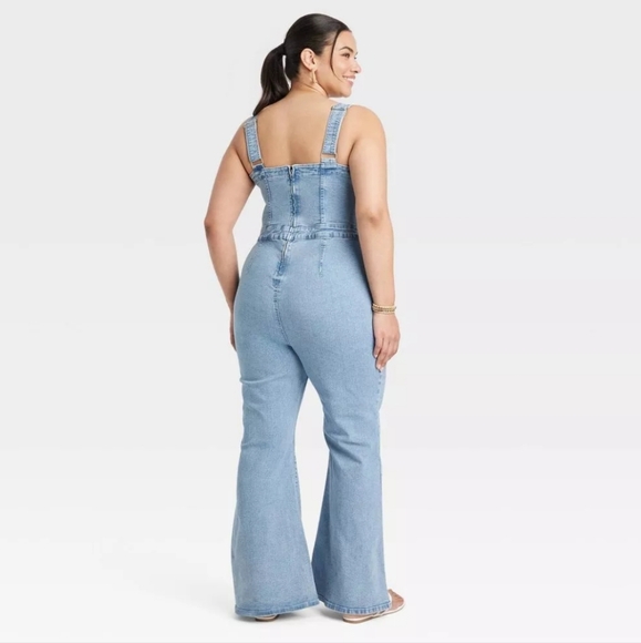 Ava & Viv Women's Denim Flare Jumpsuits Sleeveless Overalls - Picture 2 of 14